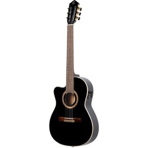 Ortega Guitars RCE138-T4BK-L Concertgitaar in 4/4 maten linkshandigen Cutaway elektrisch Thinline body Join Neck 14th Fret zwart met hoogwaardige gigbag en riem