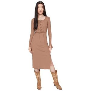 Trendyol Dames Midi Basic getailleerde gebreide jurk, Mink Kleur, XL