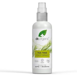 Dr Organic Tea Tree voetspray, deodoriserend, reinigend, sneldrogend, aluminiumvrij, met natuurlijke pepermuntolie, veganistisch, dierproefvrij, paraben- en SLS-vrij, gecertificeerd biologisch, 100 ml
