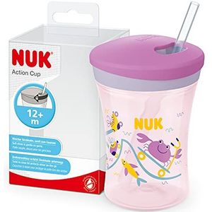 NUK Action Cup Drinkbeker voor kinderen, 12 maanden, 230 ml, draaideksel met zacht rietje, lekvrij, BPA-vrij, paarse krab