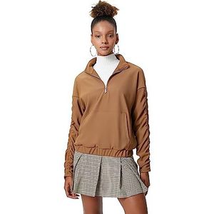 Koton Dames Half Zipper Kangaroo Pocket Shirred High Neck Sweatshirt, beige (057), S