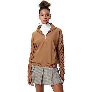Koton Dames Half Zipper Kangaroo Pocket Shirred High Neck Sweatshirt, beige (057), L