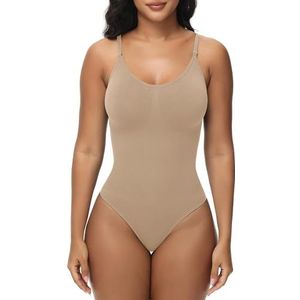VIHTVIWE Bodysuit voor vrouwen, buikcontrole, shapewear, bodyshaper, naadloze spaghettibandjes, turnpakjes, Beige String, XX-Small-X-Small