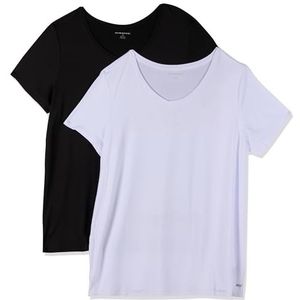 Amazon Essentials Dames Tech Stretch T-shirt met korte mouwen en V-hals (verkrijgbaar in grote maten), 2-Pack, Zwart/Wit, XS