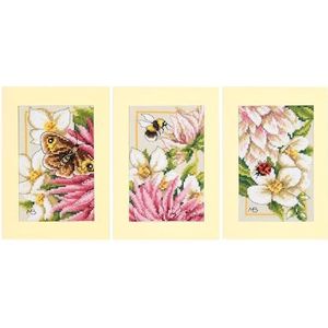 LANARTE Getelde kruissteek borduurpakketten wenskaarten om zelf vorm te geven ROSA DAHLIE 3-delige set DIY ansichtkaarten volwassenen borduren knutselen ca. 10,5 x 15 cm borduurset voor beginners