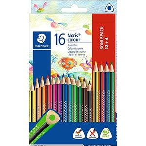 STAEDTLER Noris Colour, kleurpotloden, verhoogde breukvastheid, driehoekige vorm, aantrekkelijk design, ergonomisch zacht oppervlak, WOPEX-materiaal, briljante pennen in kartonnen etui, 16 stuks, 16
