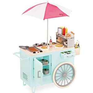 Our Generation – 46 cm poppenaccessoires – rollende snackwagen – Hot Dog Set – speelgoed eten & kassa – speelgoed voor kinderen vanaf 3 jaar – Hot Dog trolley retro