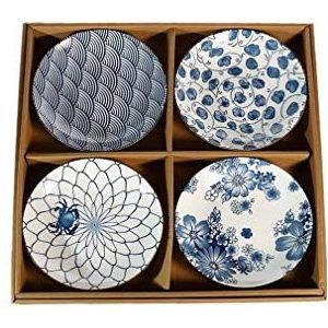 lachineuse - Set van 4 Japanse borden - Diepe borden ø 17,5 cm in Aziatische stijl - Blauw & Wit - Traditioneel Japans Zen servies - Japans cadeau-idee - Ontwerp golven bloemen