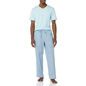 Amazon Essentials Katoenen popeline broek voor heren met katoenen jersey T-shirt pyjamaset, lichtblauw geo-print, 3X-Large