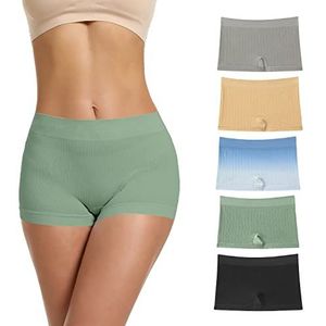 LALESTE Boyshort voor dames, volledige dekking, naadloos slipje, zachte stretch boxerslip, 5 stuks, Blauw/Groen/Grijs/Geel/Zwart, M