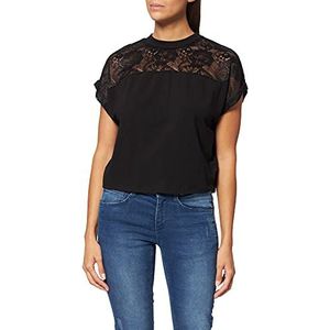 Urban Classics Dames T-Shirt Ladies Short Oversized Lace Tee, vrouwen bovendeel met kant inzetstuk, verkrijgbaar in vele kleuren, maten XS - 5XL, zwart, XS