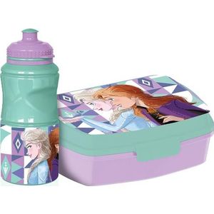 Disney Drinkfles en sandwichbox, 380 ml, lichtblauw, voor kinderen, van kunststof, Frozen met antislipband en veiligheidssluiting