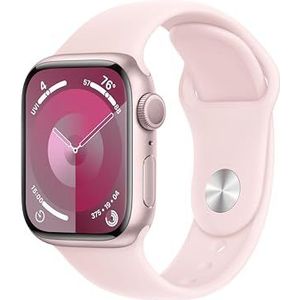 Apple Watch Series 9 (GPS 41 mm) Smartwatch - Kast van roze aluminium - Lichtroze sportbandje S/M. Conditie bijhouden, Saturatie-app en Ecg-app, Always-on Retina-display, waterbestendig
