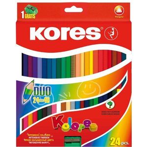 Kores - Colores Duo: 24 dubbelzijdige kleurpotloden voor kinderen, beginners en volwassenen met zachte vulling en ergonomische vorm, set van 48 gesorteerde kleuren inclusief puntenslijper