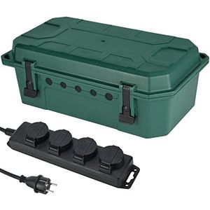 Electraline 300182 IP54 weerbestendige beschermingsbox voor buiten, waterdicht, met stekkerdoos, 4 stopcontacten, IP44 met doppen, 5 m kabel H05RR-F 3G1.5, groen, XL