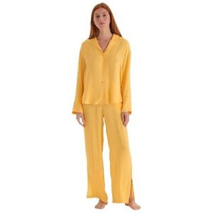 Dagi Yellow Fashion Woven Regular Satin Long Sleeve Collar Shirt Pyjama Top Dames, Geel, 46