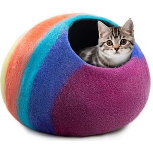 Woolygon - Wollen kattengrot bed handgemaakt van 100% merinowol, milieuvriendelijke vilten kattengrot voor indoor katten en kittens (Rainbow Twist)
