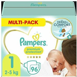 Pampers Babyluiers Maat 1 (2-5 kg) Premium Bescherming, Pasgeboren, 96 Stuks, Doos Van Een Halve Maand, Beste Comfort En Bescherming Voor De Gevoelige Huid, De Verpakking Kan Variëren