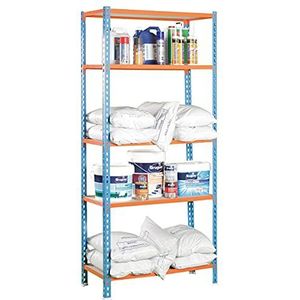 Simonrack Maderclick Opbergrek en 5 niveaus van dranken, 200 kg, draagkracht en buigpunt, 2000 x 1200 x 300 mm, rek voor zware belasting, garagerek, blauw/oranje/hout