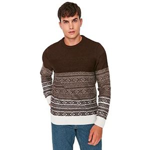Trendyol Heren ronde hals geometrisch patroon normale trui sweatshirt, Bruin, L