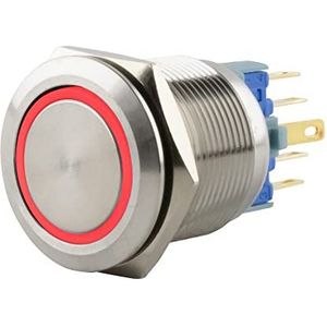 SeKi Roestvrijstalen drukschakelaar, Ø22 mm, vergrendelend, platte kop, gekleurde verlichte LED-ring in rood soldeeroogjes, platte stekker, 0,5 x 2,8 aansluiting