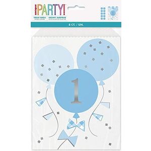 Unique Party 74943 Blauwe 1e Verjaardag Gingham Treat Zakken 8 Stks