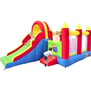 Ballsea Springkasteel XXL, enorm opblaasbaar slot met grote glijbaan en trampoline, 592 x 290 x 216 cm, ideaal voor kinderverjaardag en tuin (geen blazer)