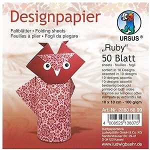 Ursus 22806899 - designpapier Ruby, 50 vellen in 10 verschillende motieven, ca. 10 x 10 cm, 100 g/m², aan beide zijden bedrukt, ideaal voor het vouwen van creatieve origami dieren