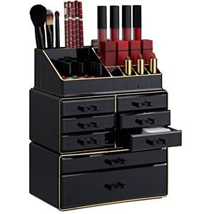Relaxdays make-up organizer - opbergen van cosmetica - acryl - stapelbaar - met lades - zwart-goud