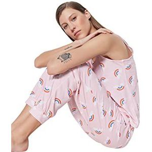 Trendyol Dames grafisch gebreid T-shirt-korte pyjamaset, lichtroze, L, Lichtroze, L