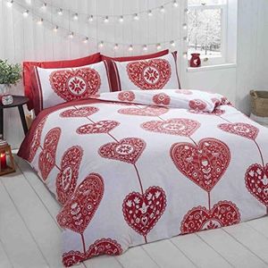 Rapport Hearts Christmas Scandi Dekbedovertrek Set, 100% geborsteld katoen, rood, enkel