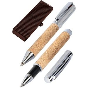 ONLINE Schrijfset balpen & rollerball kurk, pennen met natuurlijke kurk-afwerking, schrijfkleur blauw, in geschenkdoos van hout