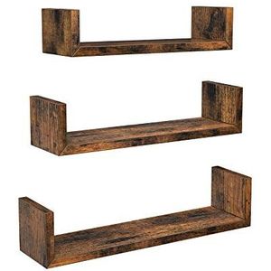 VASAGLE Wandrekken in U-vorm, set van 3, zwevende planken in vintage-stijl, wandmontage, voor decoraties, woonkamer, slaapkamer en kantoor, vintage bruin LWS034X01, 0194343103792