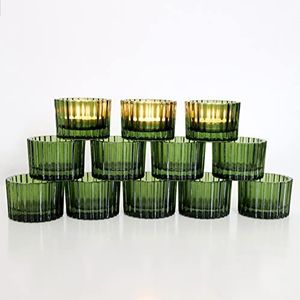 VOHO Groene theelichtkaarsenhouder set van 12, glazen kaarsenhouder voor bruiloft tafel middenstuk, theelichtjes kandelaars bulk voor woondecoratie (6 x 3 cm)