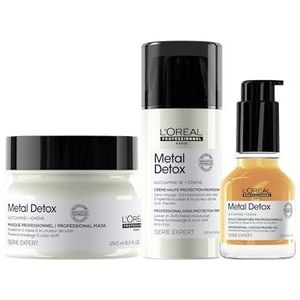 L’Oréal Professionnel, Routine Tegen Haarbreuk, Voor Gekleurd en Beschadigd Haar, Zuivert en Versterkt de Haarvezel, set met Masker, Leave-in Cream en geconcentreerde olie, Metal Detox