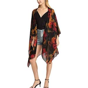 Vrouwen Bloemenprint Chiffon Kimono Vest Losse Cover Up Casual Lange Boho Sheer Cardigans, #Red Veins, One Size Grote Maten Tall