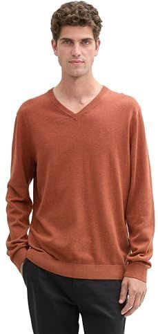 TOM TAILOR Basic pullover voor heren met V-hals van katoen, 37093 - gebakken klei melange, XXL