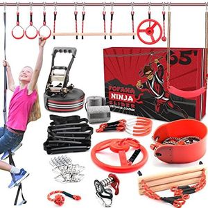 Ninja Warrior Obstacle Course for Kids Outside 19.8 Meters- Ninja Slider Included - Largest 11 Ninja Course Obstacles - Climbing Ladder, Spinning Wheel, Gym Ring