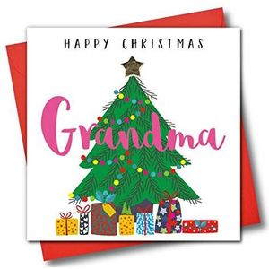 Versierde kerstwenskaart, Happy Christmas oma, kerstboom en cadeaus