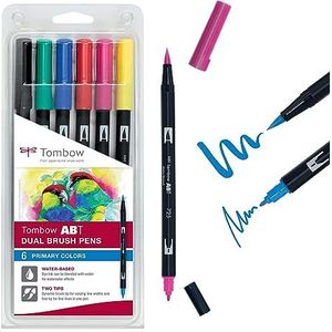 Tombow ABT-6P-1 viltstift Dual Brush Pen met twee punten, 6-delige set, primaire kleuren, kleurrijk