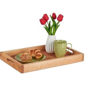 Relaxdays dienblad walnotenhout - groot - met handgrepen - serveerblad - ontbijt op bed