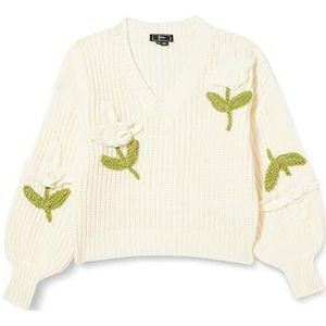 faina Dames driedimensionale gebreide trui met V-hals en bloemenhaken zwart maat XL/XXL pullover sweater, wolwit, XL
