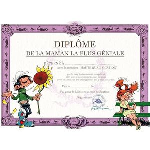 Gaston Lagaffe dubbele kaart met envelop""Diplom de Maman la plus Génial"" - Mlle Mademoiselle Jeanne zonnebloem""Je t'aime"", voor verjaardag of Moederdag