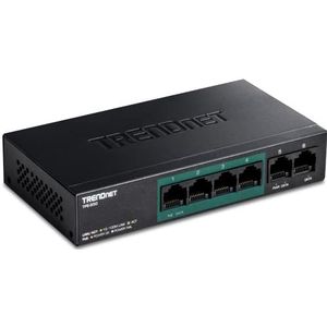 TRENDnet TPE-S50 6-Port Fast-Ethernet-PoE + -switch, 4 x Fast-Ethernet-PoE + poorten, 2 x Fast-Ethernet-poorten, 60 W PoE-budget, Ethernet-netwerkschakelaar, metaal