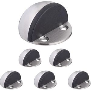 Relaxdays deurstopper, set van 6, rvs, rubber, voor vloer, met schroeven/zelfklevend, plat, binnen, zilver/zwart
