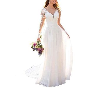 Findlovewedding Trouwjurken voor bruid 2025 met kanten applicaties chiffon A-lijn vrouwen jurk lange mouwen strand bruid jurk, Gebroken Wit, 14