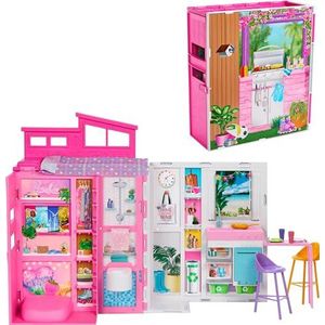 Barbie Poppenhuis, Speelset, Vakantiehuis met 4 speelplekken zoals een keuken, badkamer, slaapkamer en salon, 11 accessoires, HRJ76