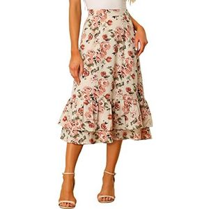 Allegra K Women's Printed Skirt 2025 Weekend Trendy Summer Chiffon Ruffle Tiered Flowy Midi Skirts Medium Beige Pink-Floral