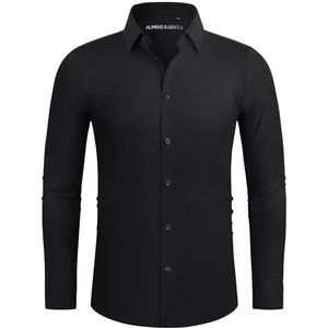 Alimens & Gentle Stretch Mens Dress Shirts Slim Fit Long Sleeve Casual Skinny Muscle Fit Wrinkle Free Button Down Shirt Black