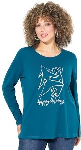 Ulla Popken Dames grote maten grote maten plus size kerstshirt, klassiek, ronde hals, lange mouwen, petrol, 42-44